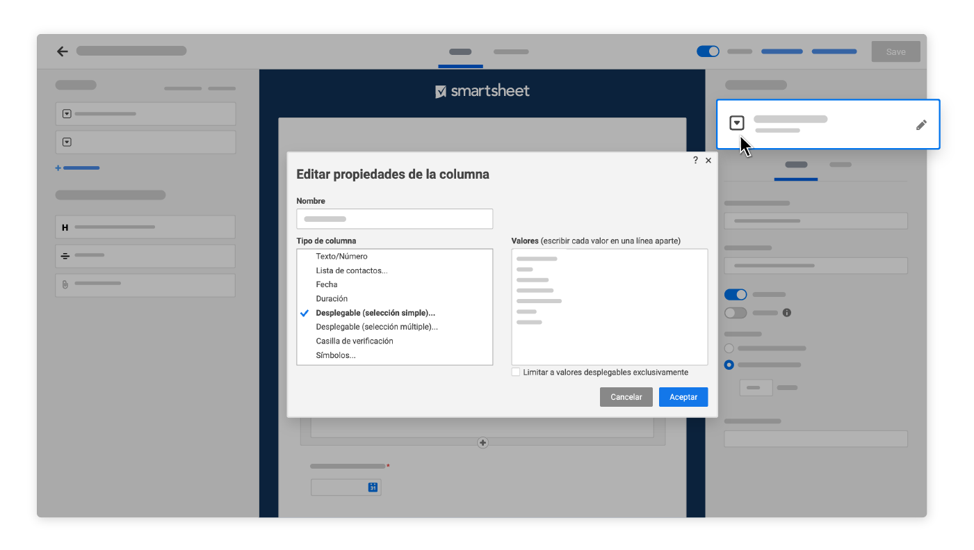 Creador de formularios de Smartsheet con propiedades de la columna