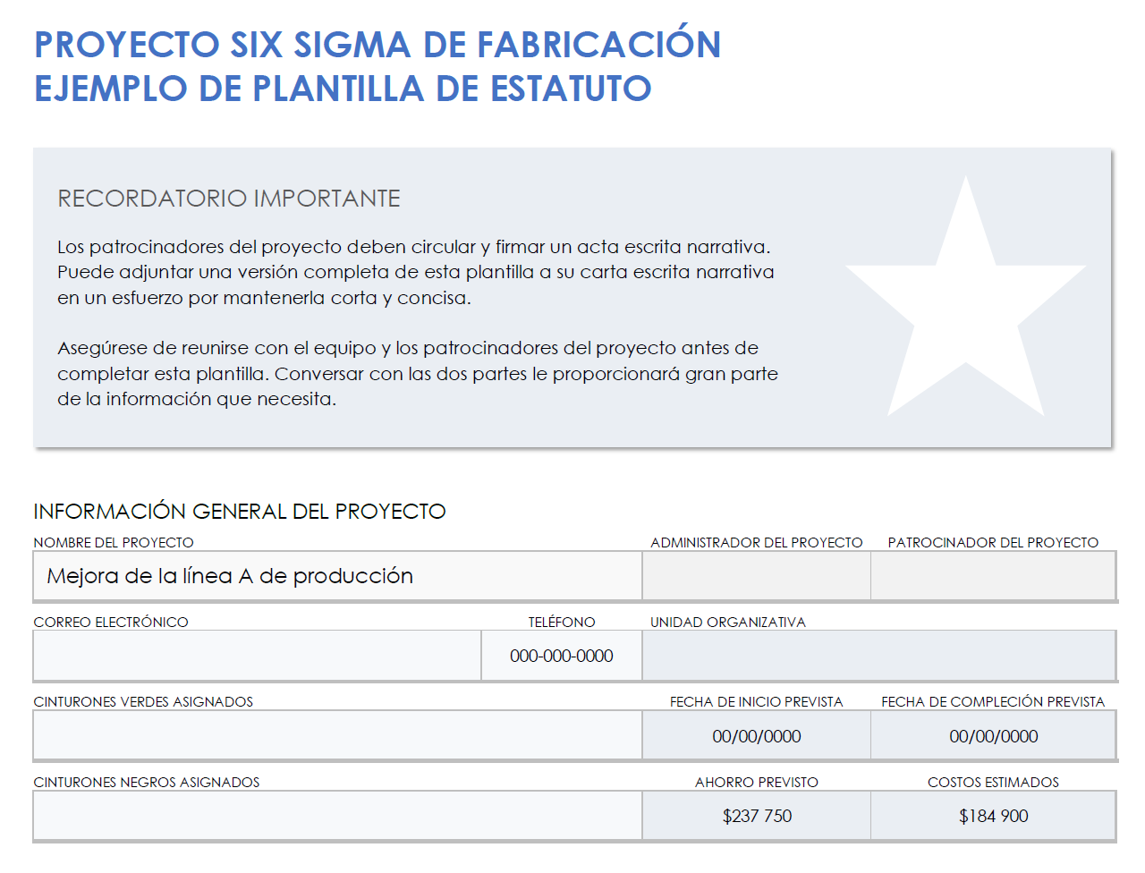 Ejemplo de carta de proyecto de fabricación Six Sigma