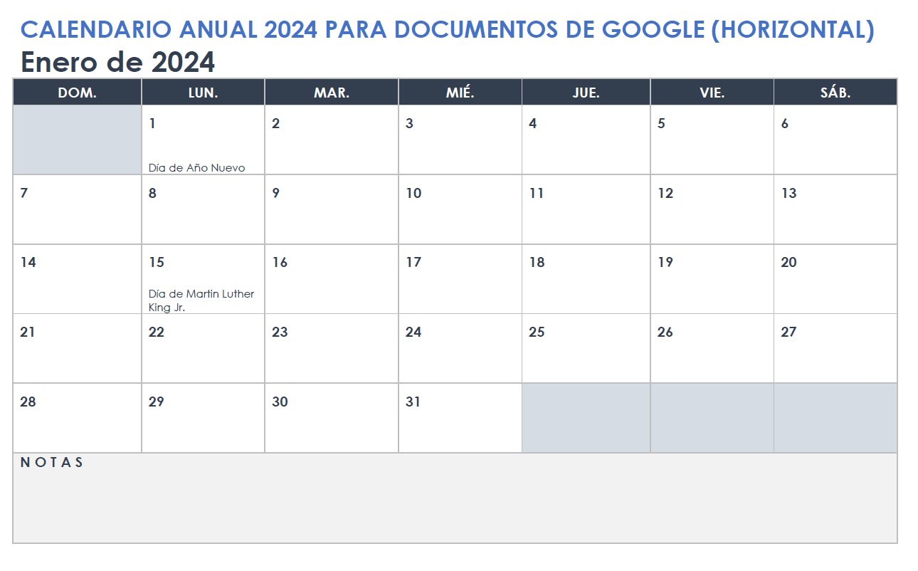  Panorama del calendario anual de Google Doc