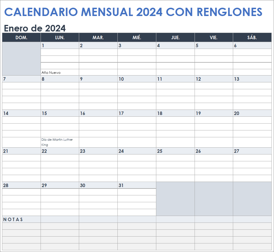  Plantilla de hojas de cálculo de Google Calendar con líneas mensuales 2024