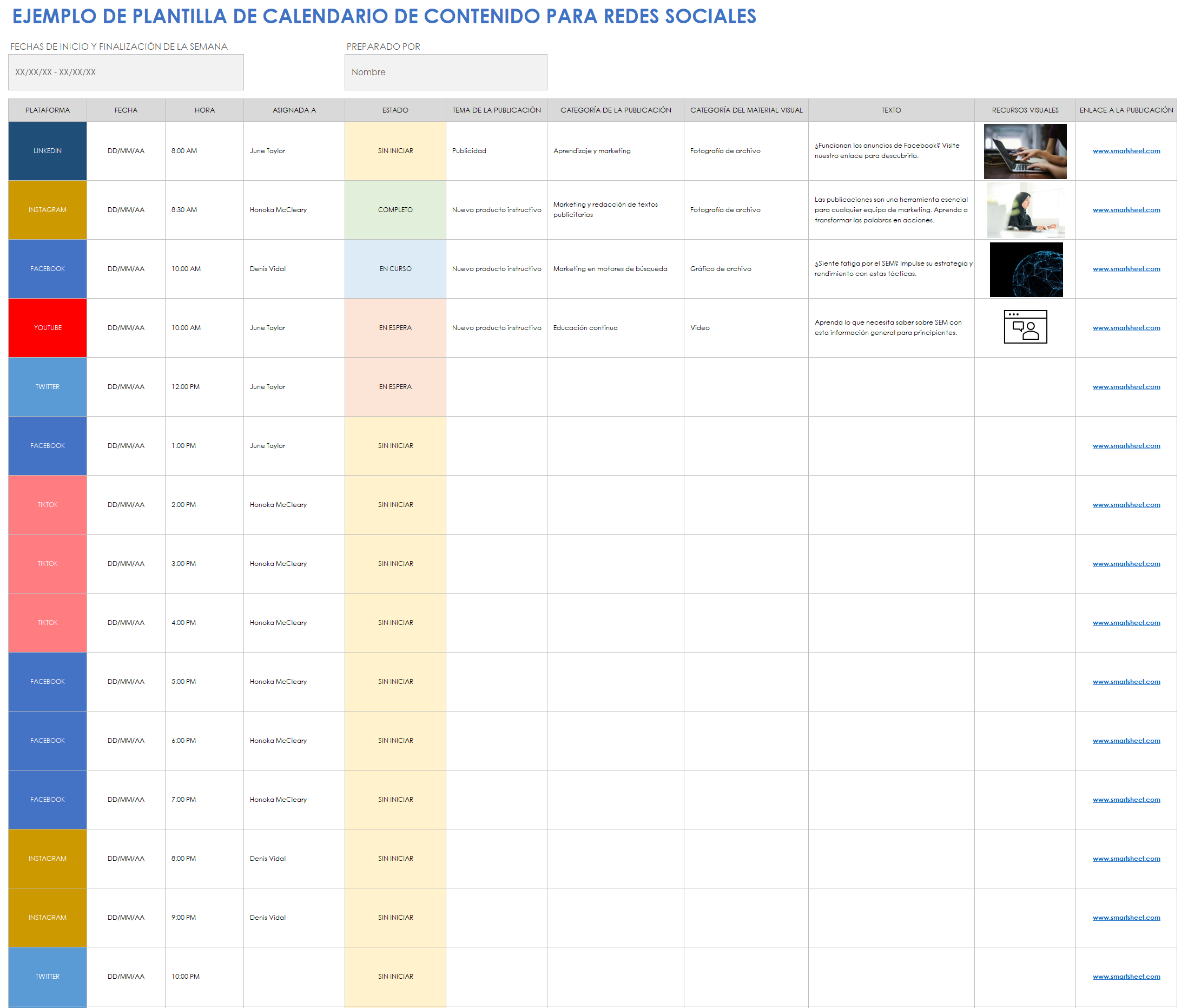  Plantilla de ejemplo de calendario de contenido de redes sociales