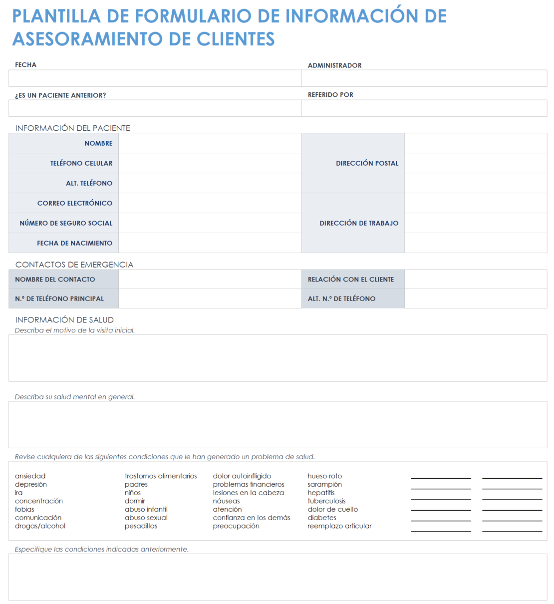 Formulario de información del cliente de asesoramiento