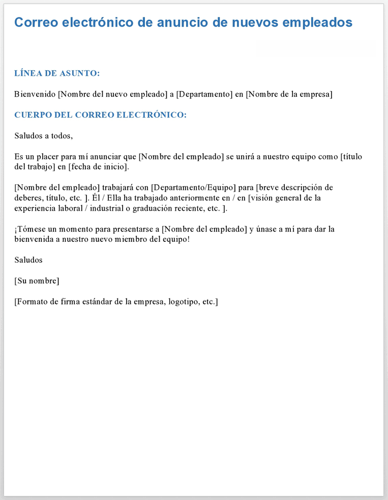 CORREO ELECTRÓNICO DE ANUNCIO DE NUEVO EMPLEADO