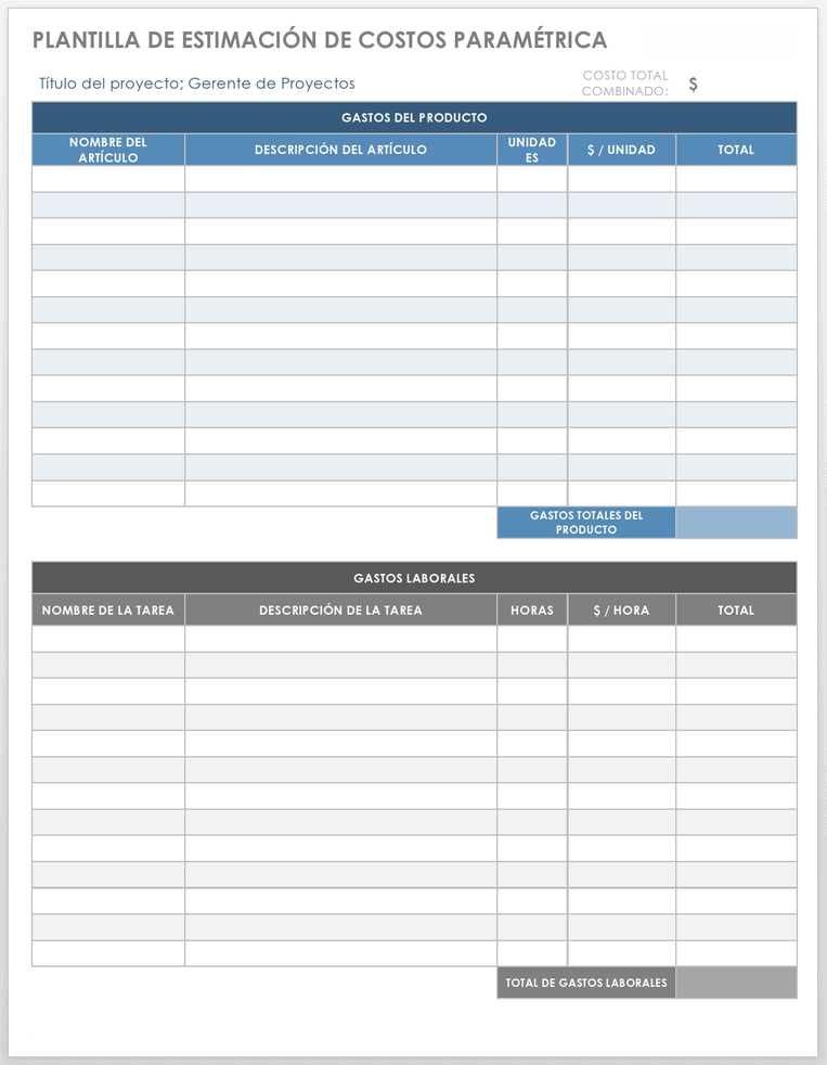 PLANTILLA DE ESTIMACIÓN DE COSTOS PARAMÉTRICOS