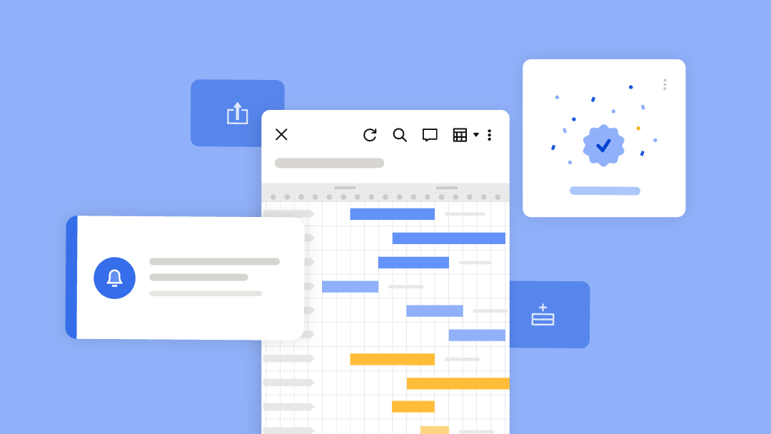 A Gantt chart display with alerts, a share button, and a checkmark around it